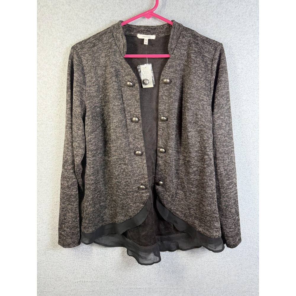 Maurices Cardigan Sweater Womens Medium Gray Open Front Button Trim Chiffon Hem